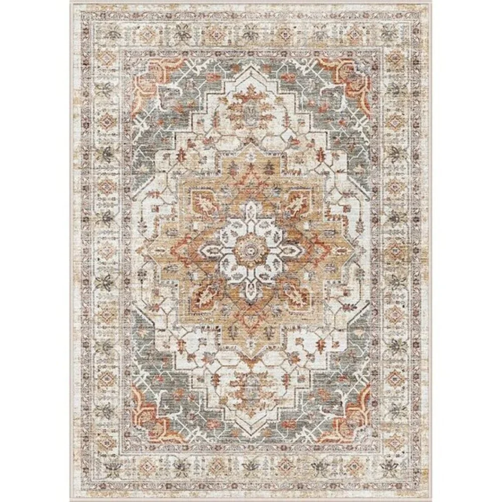 New 8x10 Washable Area Rug, Soft Vintage Non-Slip Carpet in Turmeric & Grey